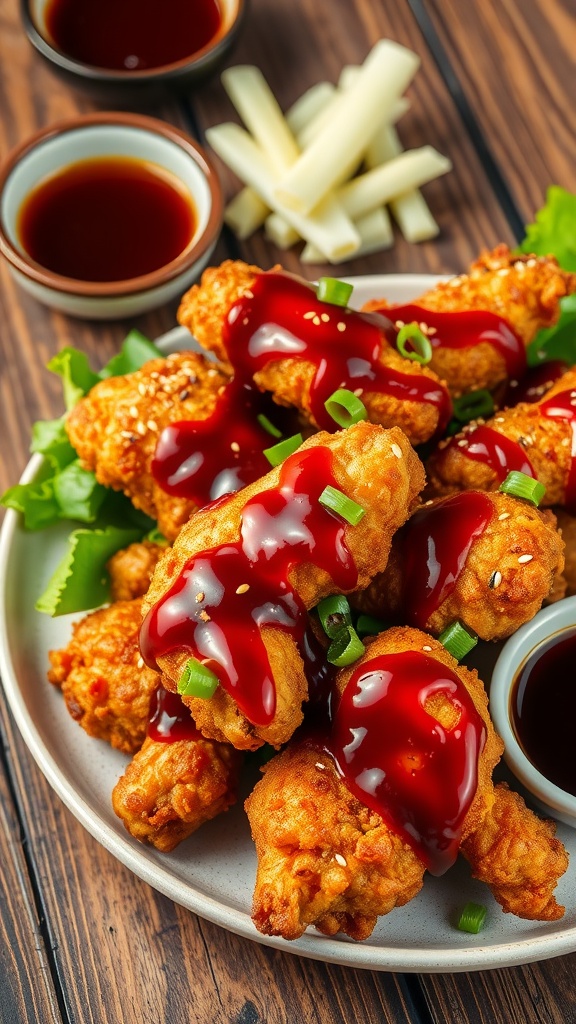 Crispy Air Fryer Korean Fried Chicken Recipe Crispy air fryer Korean fried chicken garnished with sesame seeds and green onions on a wooden table.